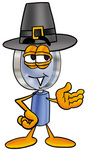 Clip Art Graphic of a Blue Handled Magnifying Glass Cartoon Character Wearing a Pilgrim Hat on Thanksgiving