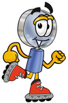 Clip Art Graphic of a Blue Handled Magnifying Glass Cartoon Character Roller Blading on Inline Skates