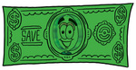 Clip Art Graphic of a Blue Handled Magnifying Glass Cartoon Character on a Dollar Bill