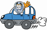 Clip Art Graphic of a Blue Handled Magnifying Glass Cartoon Character Driving a Blue Car and Waving