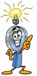 Clip Art Graphic of a Blue Handled Magnifying Glass Cartoon Character With a Bright Idea