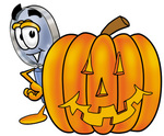 Clip Art Graphic of a Blue Handled Magnifying Glass Cartoon Character With a Carved Halloween Pumpkin