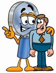 Clip Art Graphic of a Blue Handled Magnifying Glass Cartoon Character Talking to a Business Man