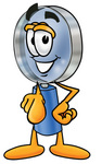 Clip Art Graphic of a Blue Handled Magnifying Glass Cartoon Character Pointing at the Viewer