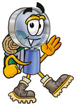 Clip Art Graphic of a Blue Handled Magnifying Glass Cartoon Character Hiking and Carrying a Backpack