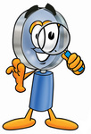 Clip Art Graphic of a Blue Handled Magnifying Glass Cartoon Character Looking Through a Magnifying Glass