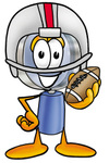 Clip Art Graphic of a Blue Handled Magnifying Glass Cartoon Character in a Helmet, Holding a Football