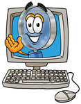 Clip Art Graphic of a Blue Handled Magnifying Glass Cartoon Character Waving From Inside a Computer Screen
