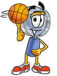 Clip Art Graphic of a Blue Handled Magnifying Glass Cartoon Character Spinning a Basketball on His Finger