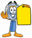 Clip Art Graphic of a Blue Handled Magnifying Glass Cartoon Character Holding a Yellow Sales Price Tag