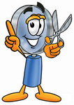 Clip Art Graphic of a Blue Handled Magnifying Glass Cartoon Character Holding a Pair of Scissors