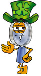 Clip Art Graphic of a Blue Handled Magnifying Glass Cartoon Character Wearing a Saint Patricks Day Hat With a Clover on it