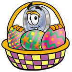 Clip Art Graphic of a Blue Handled Magnifying Glass Cartoon Character in an Easter Basket Full of Decorated Easter Eggs