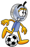 Clip Art Graphic of a Blue Handled Magnifying Glass Cartoon Character Kicking a Soccer Ball