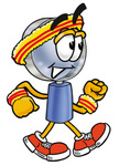 Clip Art Graphic of a Blue Handled Magnifying Glass Cartoon Character Speed Walking or Jogging
