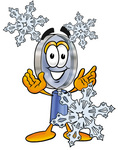 Clip Art Graphic of a Blue Handled Magnifying Glass Cartoon Character With Three Snowflakes in Winter