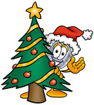 Clip Art Graphic of a Blue Handled Magnifying Glass Cartoon Character Waving and Standing by a Decorated Christmas Tree