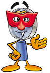 Clip Art Graphic of a Blue Handled Magnifying Glass Cartoon Character Wearing a Red Mask Over His Face
