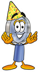 Clip Art Graphic of a Blue Handled Magnifying Glass Cartoon Character Wearing a Birthday Party Hat