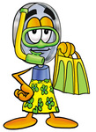 Clip Art Graphic of a Blue Handled Magnifying Glass Cartoon Character in Green and Yellow Snorkel Gear