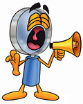 Clip Art Graphic of a Blue Handled Magnifying Glass Cartoon Character Screaming Into a Megaphone