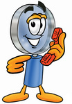Clip Art Graphic of a Blue Handled Magnifying Glass Cartoon Character Holding a Telephone