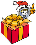Clip Art Graphic of a Blue Handled Magnifying Glass Cartoon Character Standing by a Christmas Present