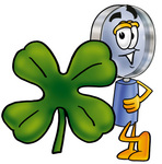 Clip Art Graphic of a Blue Handled Magnifying Glass Cartoon Character With a Green Four Leaf Clover on St Paddy’s or St Patricks Day