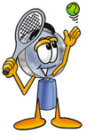 Clip Art Graphic of a Blue Handled Magnifying Glass Cartoon Character Preparing to Hit a Tennis Ball
