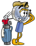 Clip Art Graphic of a Blue Handled Magnifying Glass Cartoon Character Swinging His Golf Club While Golfing