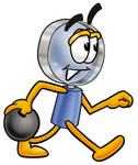 Clip Art Graphic of a Blue Handled Magnifying Glass Cartoon Character Holding a Bowling Ball