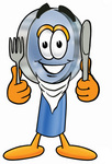 Clip Art Graphic of a Blue Handled Magnifying Glass Cartoon Character Holding a Knife and Fork