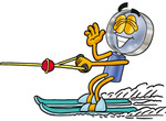 Clip Art Graphic of a Blue Handled Magnifying Glass Cartoon Character Waving While Water Skiing