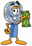 Clip Art Graphic of a Blue Handled Magnifying Glass Cartoon Character Holding a Dollar Bill