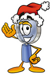 Clip Art Graphic of a Blue Handled Magnifying Glass Cartoon Character Wearing a Santa Hat and Waving