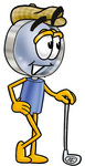 Clip Art Graphic of a Blue Handled Magnifying Glass Cartoon Character Leaning on a Golf Club While Golfing