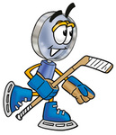 Clip Art Graphic of a Blue Handled Magnifying Glass Cartoon Character Playing Ice Hockey
