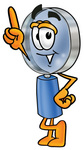 Clip Art Graphic of a Blue Handled Magnifying Glass Cartoon Character Pointing Upwards