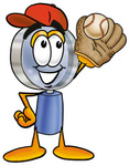 Clip Art Graphic of a Blue Handled Magnifying Glass Cartoon Character Catching a Baseball With a Glove