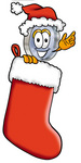Clip Art Graphic of a Blue Handled Magnifying Glass Cartoon Character Wearing a Santa Hat Inside a Red Christmas Stocking