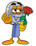 Clip Art Graphic of a Blue Handled Magnifying Glass Cartoon Character Holding a Red Rose on Valentines Day