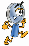 Clip Art Graphic of a Blue Handled Magnifying Glass Cartoon Character Running