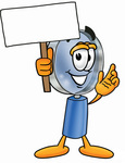 Clip Art Graphic of a Blue Handled Magnifying Glass Cartoon Character Holding a Blank Sign