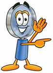 Clip Art Graphic of a Blue Handled Magnifying Glass Cartoon Character Waving and Pointing