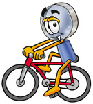 Clip Art Graphic of a Blue Handled Magnifying Glass Cartoon Character Riding a Bicycle