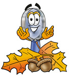 Clip Art Graphic of a Blue Handled Magnifying Glass Cartoon Character With Autumn Leaves and Acorns in the Fall