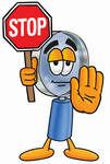 Clip Art Graphic of a Blue Handled Magnifying Glass Cartoon Character Holding a Stop Sign