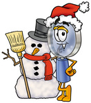 Clip Art Graphic of a Blue Handled Magnifying Glass Cartoon Character With a Snowman on Christmas