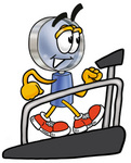 Clip Art Graphic of a Blue Handled Magnifying Glass Cartoon Character Walking on a Treadmill in a Fitness Gym