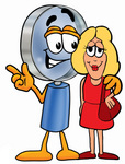 Clip Art Graphic of a Blue Handled Magnifying Glass Cartoon Character Talking to a Pretty Blond Woman